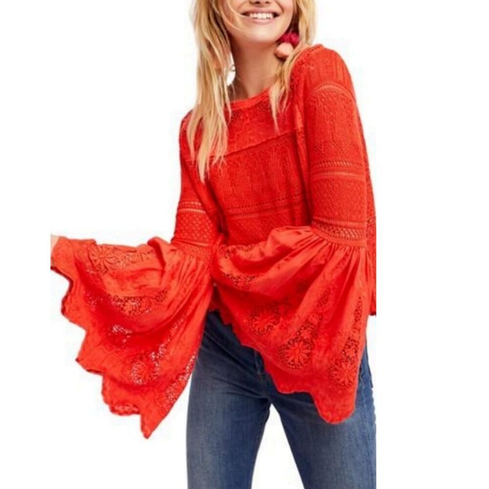 Free People Once Upon A Time Lace Crochet Bell Sleeve Red Blouse Sz XS